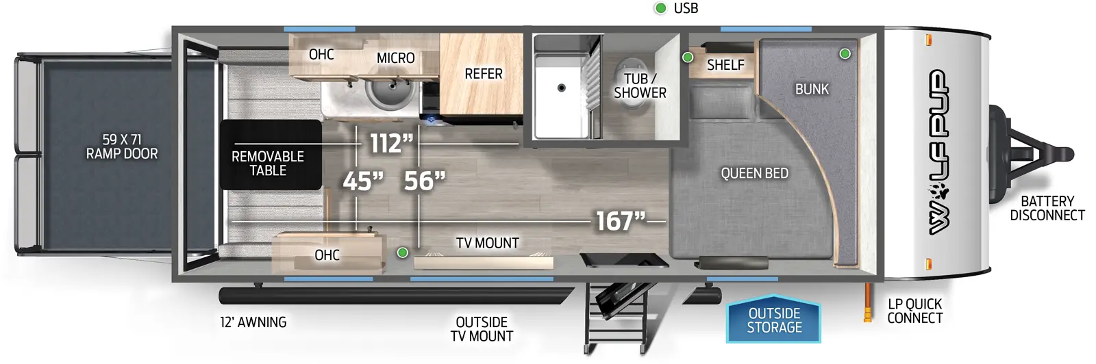 The Wolf Pup 18RJBW floorplan is a toy hauler that has one entry and zero slide outs. Exterior features include: metal exterior and 12' awning. Interiors features include: bunk beds and front bedroom.